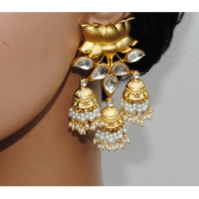  Lotus Gold Polki Diamond Pearls Studded Triple Jhumkas